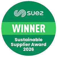 Suez Sustainable Supplier Award 2026 winner badge with green circular design and white text.