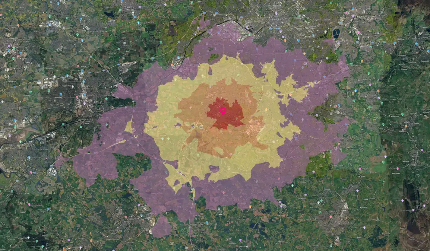Heat map showing driving time zones from Altrincham center, with red (closest), orange, yellow, and purple (furthest).
