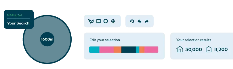 Map search interface showing 1600m radius selection with 30,000 properties and 11,200 results. Colored filter bar allows.