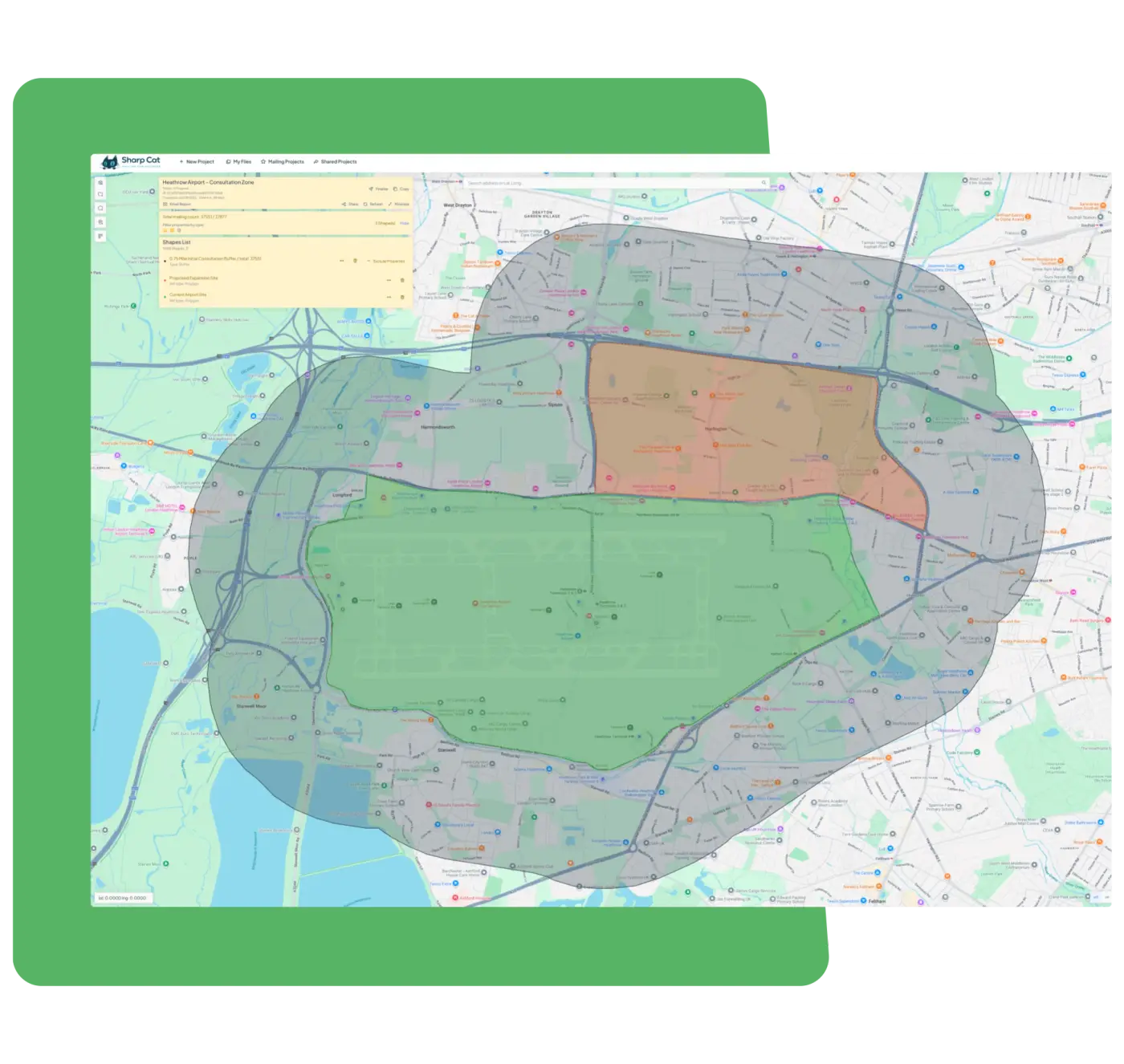 Sharp Cat project management map showing construction zones and planning projects across an urban area with color-coded.