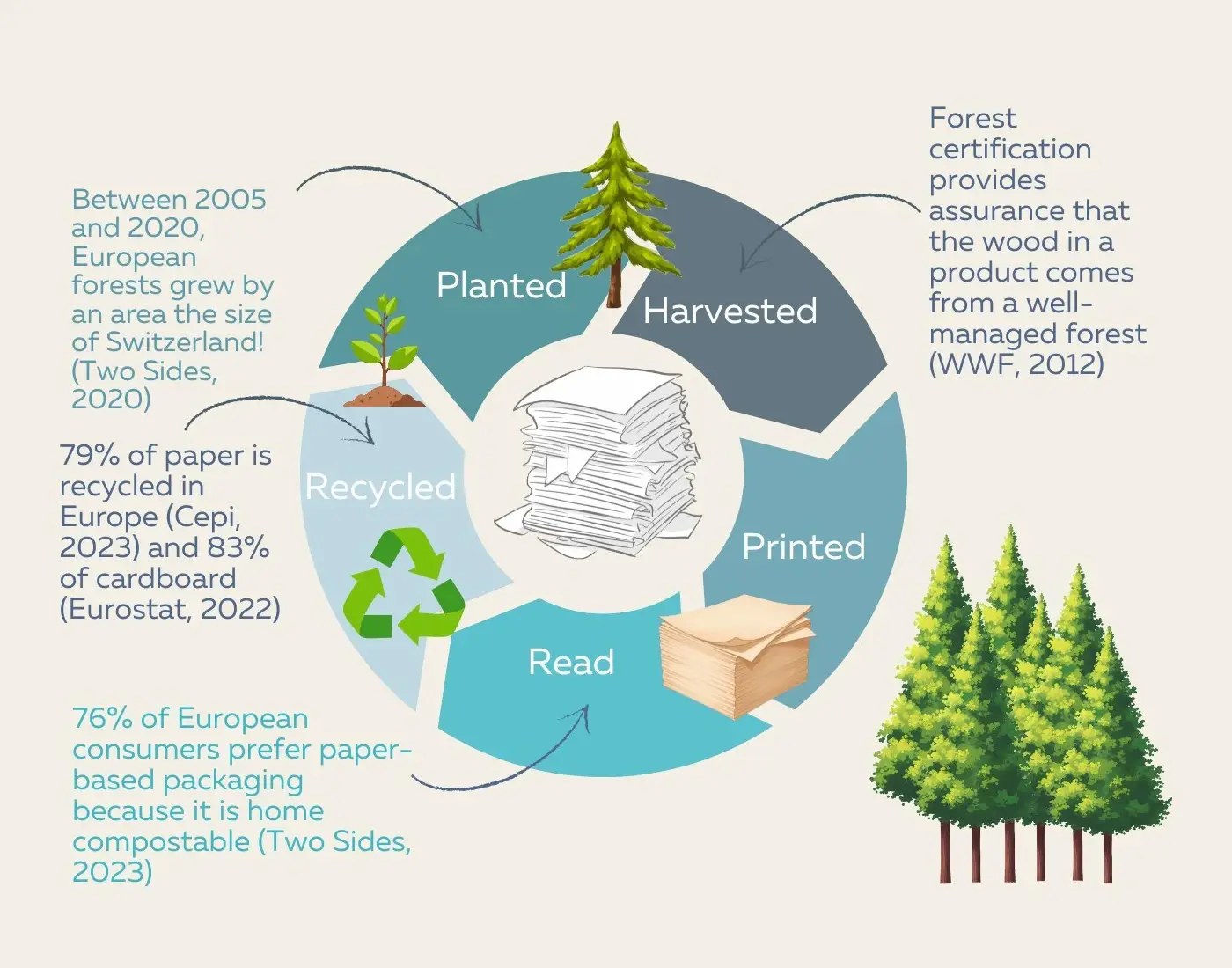 Circular diagram showing paper lifecycle: Planted, Harvested, Printed, Read, Recycled. Surrounded by forest statistics.