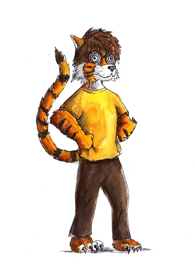 Anthropomorphic tiger cat character wearing yellow shirt and brown pants, with spiral eyes and striped tail, standing.