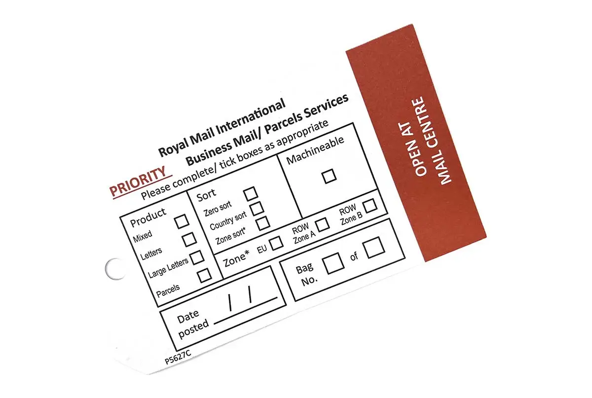 Royal Mail International Priority mail tag showing checkboxes for product type, sort destination, and machineable option.