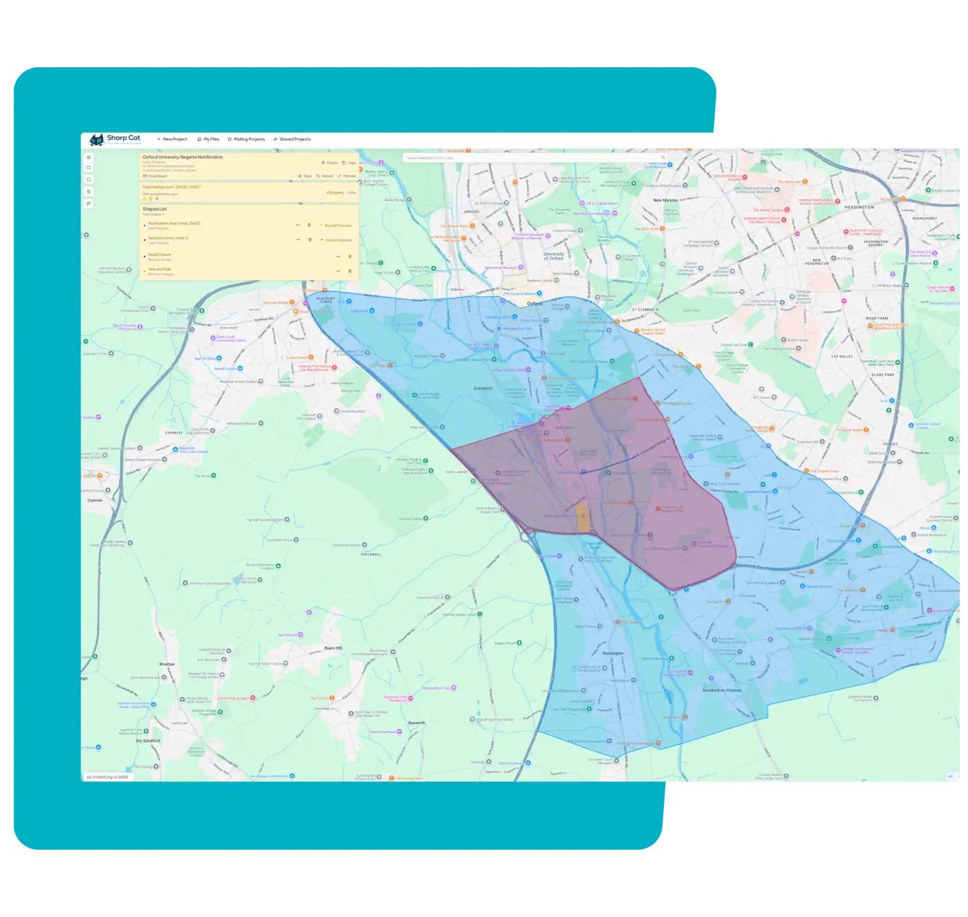 Sharp Cat mapping interface showing a geographic area with overlaid colored zones (blue and purple regions) and location.