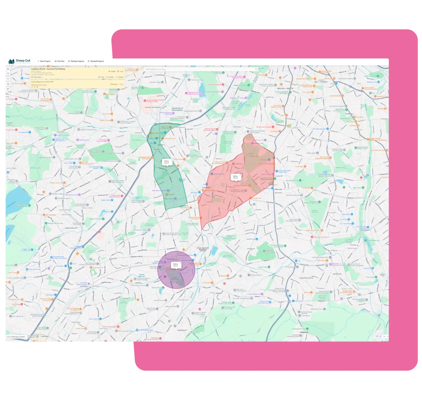 A map interface with colored zones and markers showing geographic locations, streets, and project areas highlighted in pink.