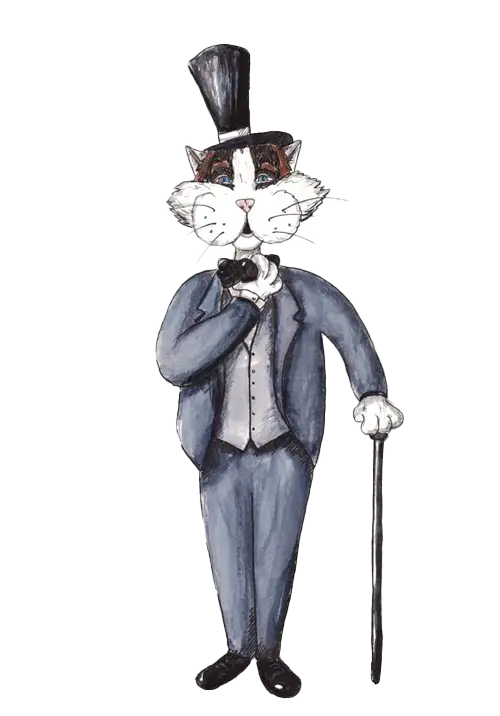 A dapper anthropomorphic cat wearing a blue suit, top hat, and holding a cane, with a confident expression and paw near its.