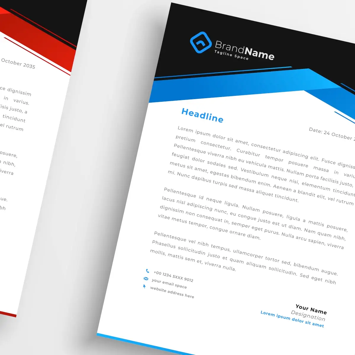 Professional letterhead template with blue and black branding, featuring "BrandName" logo, headline section, Lorem ipsum.