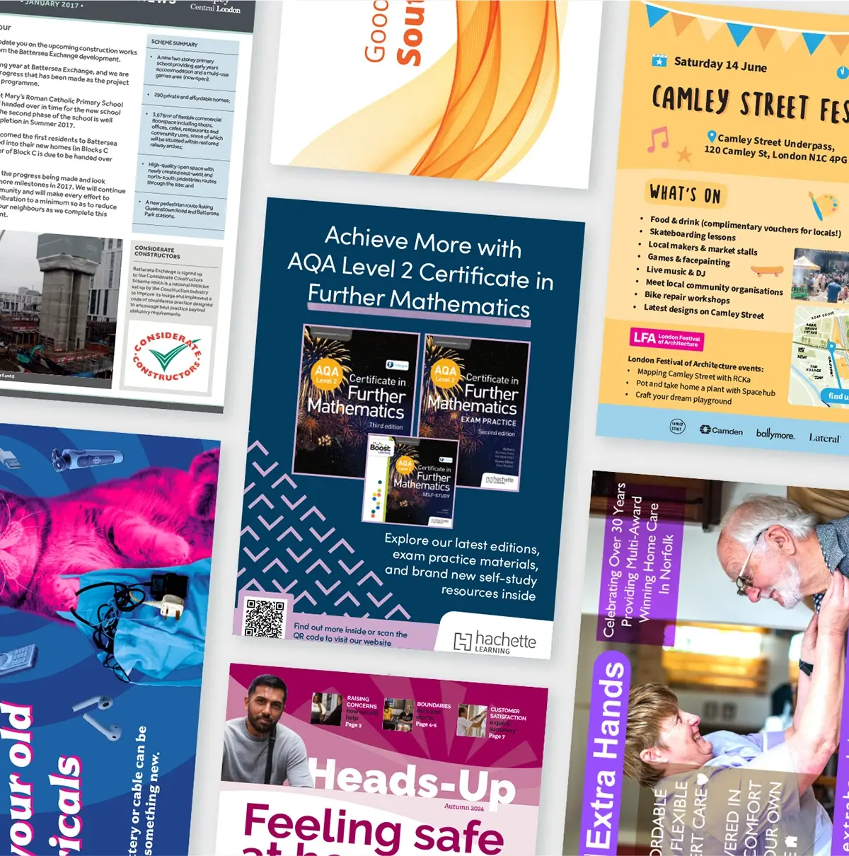 Collage of various printed promotional materials and flyers, including ads for AQA mathematics certificates, Camley Street.
