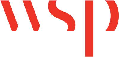 WSP logo in red, featuring stylized quotation marks and a vertical line element.