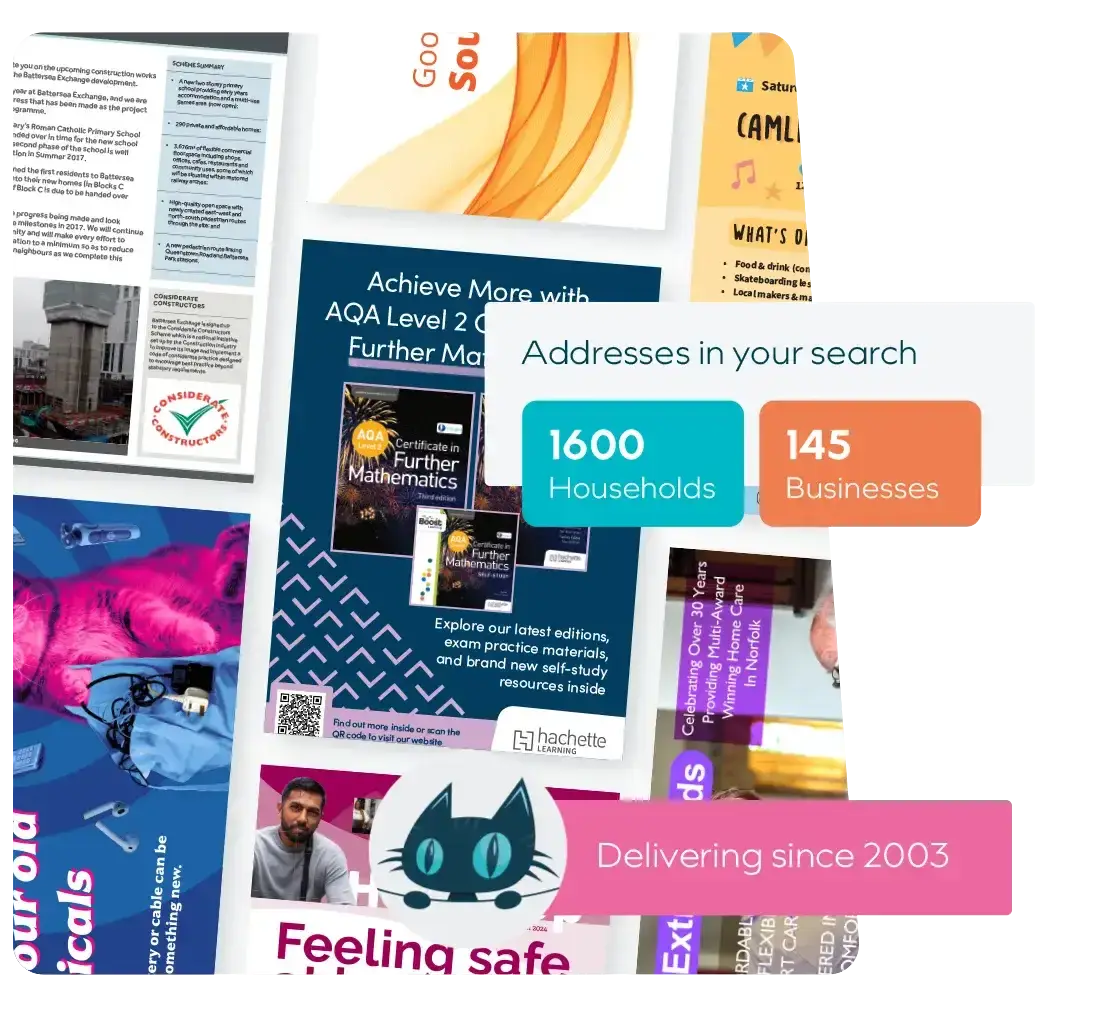 Marketing collage showing 1600 households and 145 businesses served, with educational materials and "Delivering since 2003.