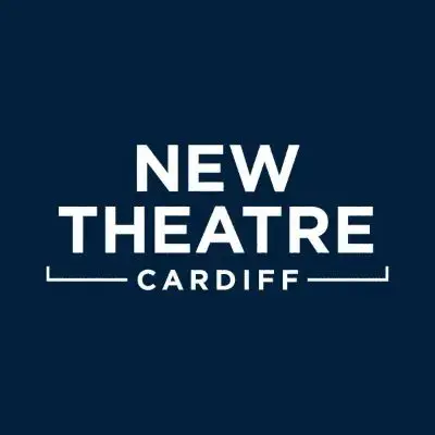 New Theatre Cardiff logo in white text on dark blue background with decorative horizontal lines flanking the word "Cardiff.