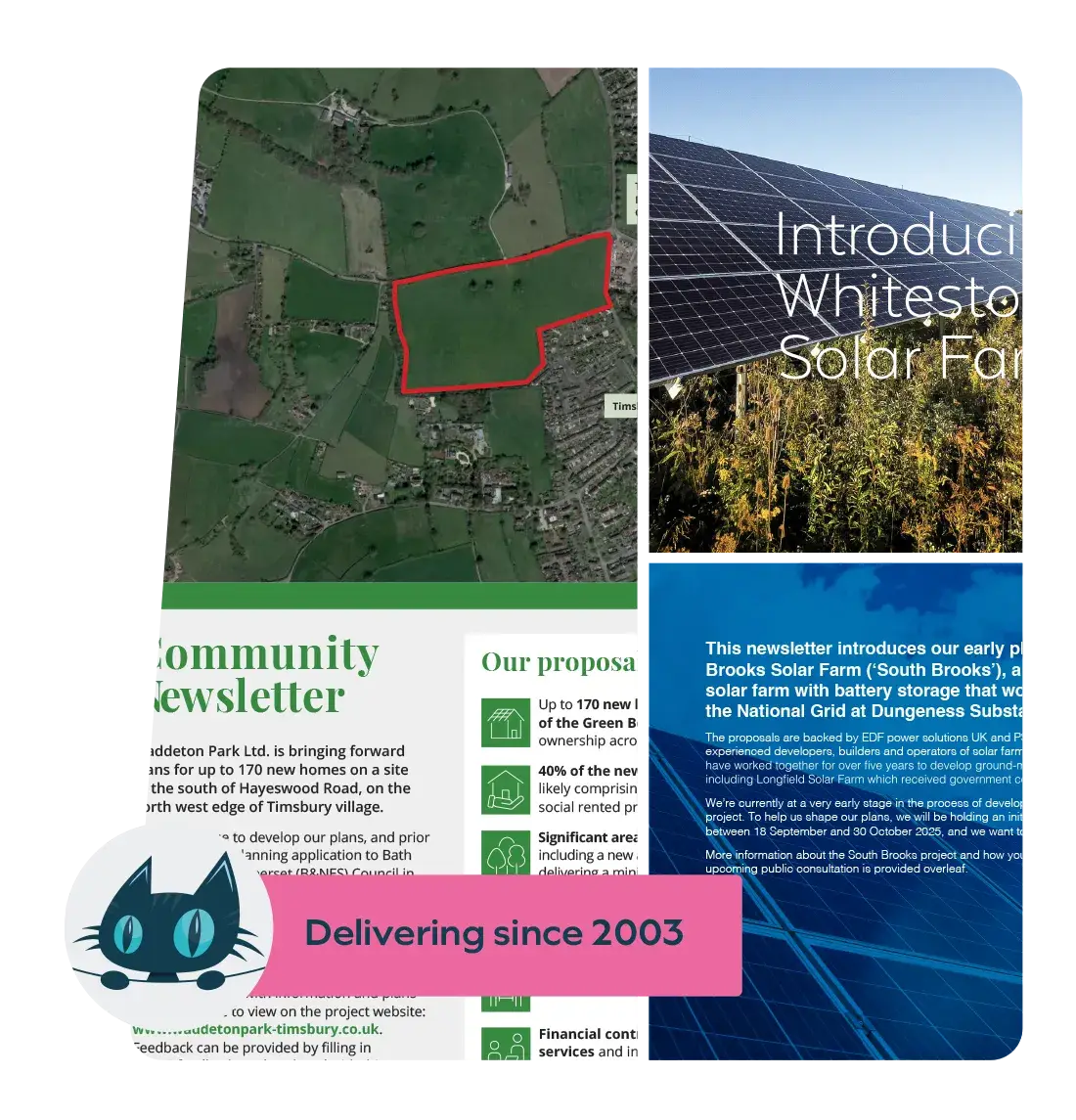 Collage showing aerial map with red boundary, solar panels, community newsletter excerpt, and "Delivering since 2003" banner.